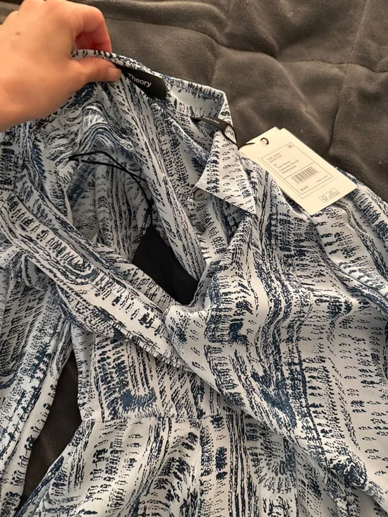 Theory 00 teal mini silk shirt dress. Light Blue Printed V-Neck Mini Dress - Picture 3 of 5